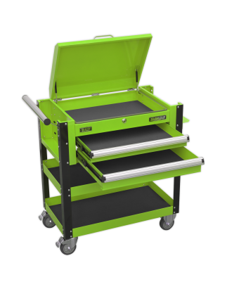 Heavy-Duty Mobile Tool & Parts Trolley 2 Drawers & Lockable Top - Green