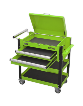 Heavy-Duty Mobile Tool & Parts Trolley 2 Drawers & Lockable Top - Green