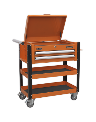 Heavy-Duty Mobile Tool & Parts Trolley 2 Drawers & Lockable Top - Orange