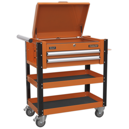 Heavy-Duty Mobile Tool & Parts Trolley 2 Drawers & Lockable Top - Orange