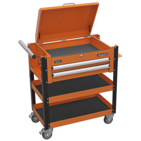 Heavy-Duty Mobile Tool & Parts Trolley 2 Drawers & Lockable Top - Orange