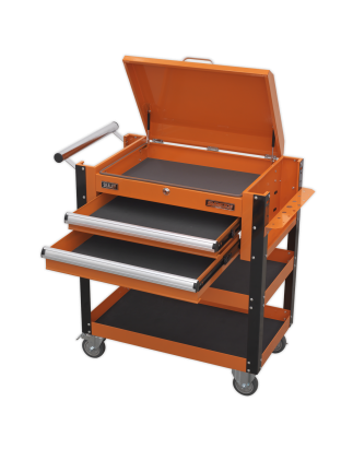 Heavy-Duty Mobile Tool & Parts Trolley 2 Drawers & Lockable Top - Orange