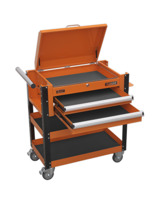 Chariot mobile robuste pour outils et pièces, 2 tiroirs et dessus verrouillable - Orange