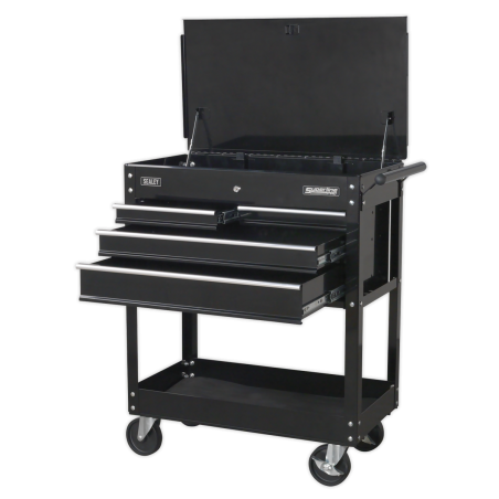 Heavy-Duty Mobile Tool & Parts Trolley with 4 Drawers & Lockable Top - Black