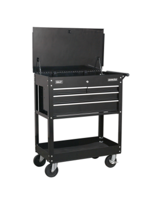 Heavy-Duty Mobile Tool & Parts Trolley with 4 Drawers & Lockable Top - Black