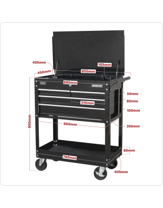 Heavy-Duty Mobile Tool & Parts Trolley with 4 Drawers & Lockable Top - Black