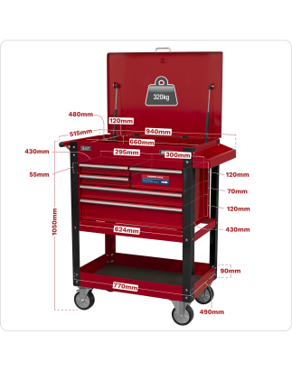 Chariot mobile robuste pour outils et pièces avec 5 tiroirs et dessus verrouillable