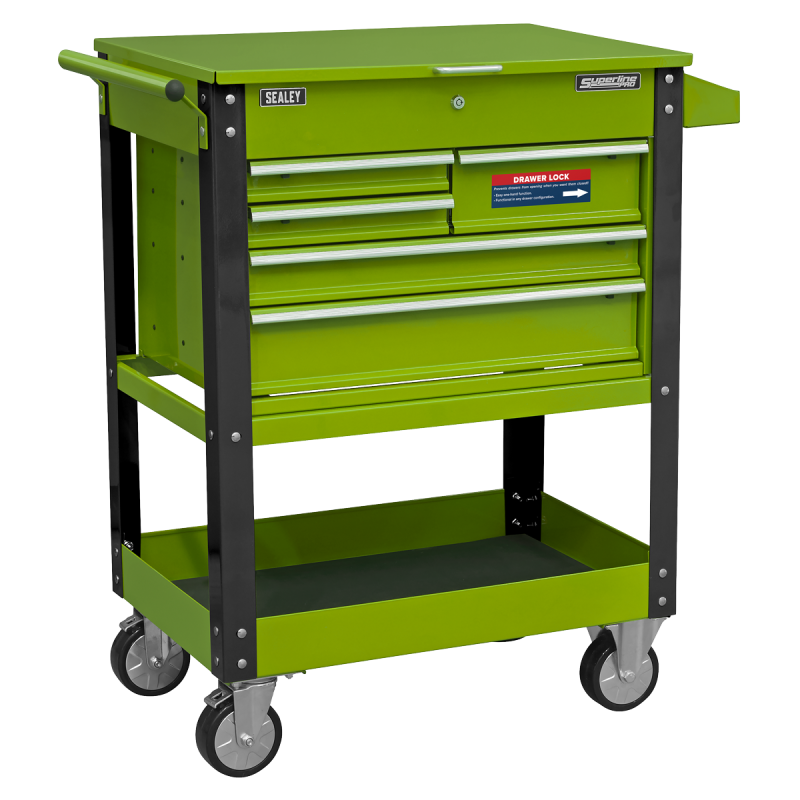 Heavy-Duty Mobile Tool & Parts Trolley with 5 Drawers and Lockable Top- Hi-Vis Green