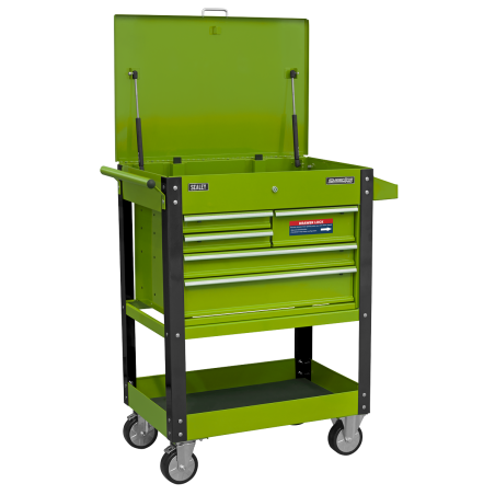 Heavy-Duty Mobile Tool & Parts Trolley with 5 Drawers and Lockable Top- Hi-Vis Green