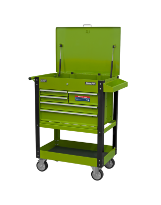 Heavy-Duty Mobile Tool & Parts Trolley with 5 Drawers and Lockable Top- Hi-Vis Green