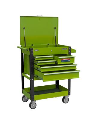 Heavy-Duty Mobile Tool & Parts Trolley with 5 Drawers and Lockable Top- Hi-Vis Green