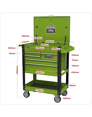 Chariot mobile robuste à outils et pièces avec 5 tiroirs et dessus verrouillable - Vert haute visibilité