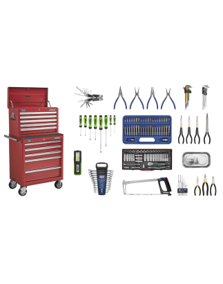 Topchest & Rollcab Combinaison 10 tiroirs avec glissières à roulement à billes - Rouge avec kit d'outils de 148 pièces