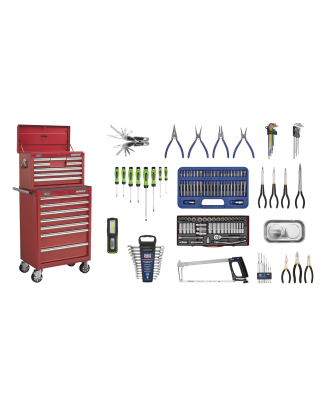 Topchest & Rollcab Combinaison 15 tiroirs avec glissières à roulement à billes - Rouge et kit d'outils 148 pièces