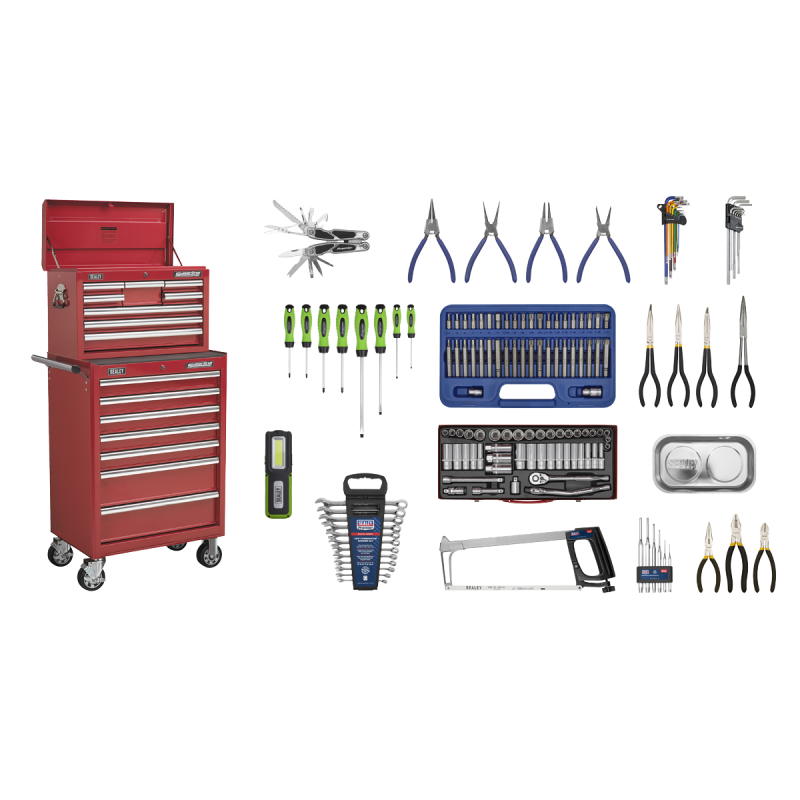 Topchest & Rollcab Combinaison 15 tiroirs avec glissières à roulement à billes - Rouge et kit d'outils 148 pièces