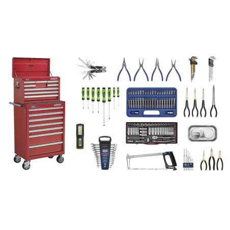 Topchest & Rollcab Combinaison 15 tiroirs avec glissières à roulement à billes - Rouge et kit d'outils 148 pièces