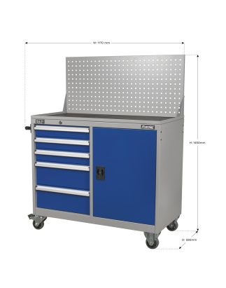Poste de travail mobile industriel 5 tiroirs et 1 casier à étagère