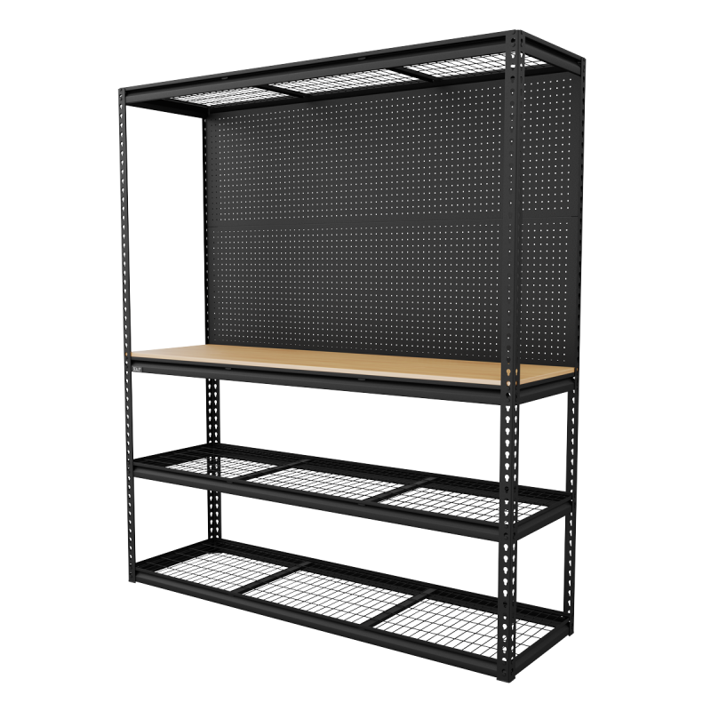 Établi modulaire robuste avec rayonnage et panneau perforé, capacité de 300 kg par niveau 1 820 mm