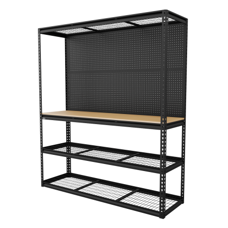 Établi modulaire robuste avec rayonnage et panneau perforé, capacité de 300 kg par niveau 1 820 mm