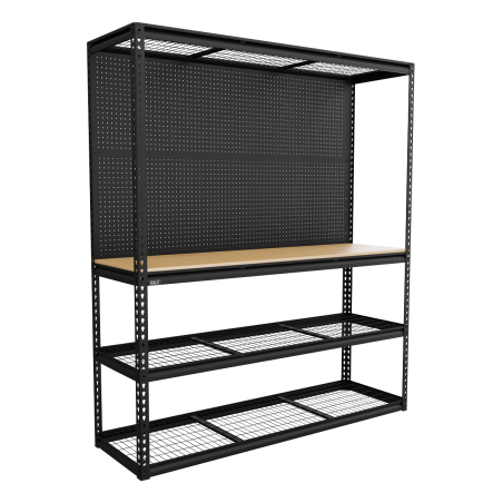 Établi modulaire robuste avec rayonnage et panneau perforé, capacité de 300 kg par niveau 1 820 mm