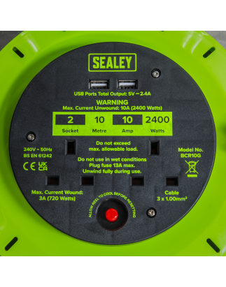 Cassette Type Cable Reel Green with Thermal Trip 2 x 230V and 2 x USB 10m