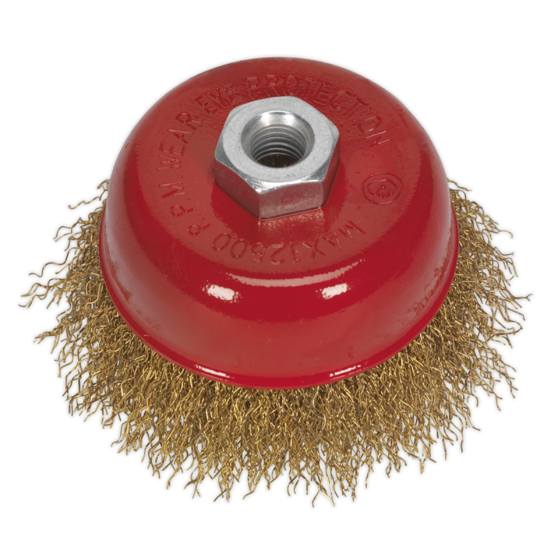 Brosse coupelle en fil ondulé en acier laitonné Ø75mm M14 x 2mm