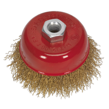 Brosse coupelle en fil ondulé en acier laitonné Ø75mm M14 x 2mm