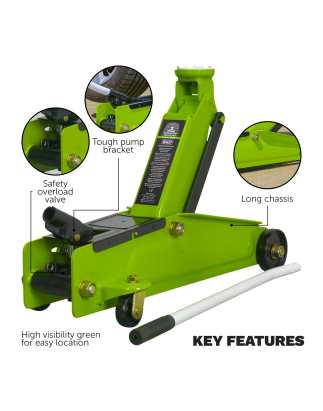 Long Reach Heavy-Duty Trolley Jack 3 Tonne - Green