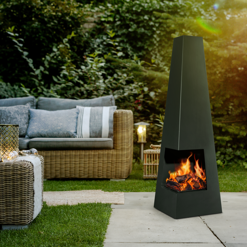 Dellonda Chiminea, poêle à bois, chauffage pour extérieur L45 cm x H150 cm – Acier noir