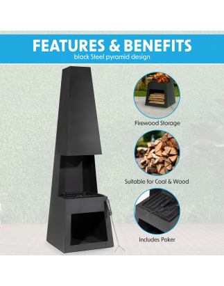 Dellonda Outdoor Chiminea Fireplace Fire Pit Heater Firewood Storage Black Steel