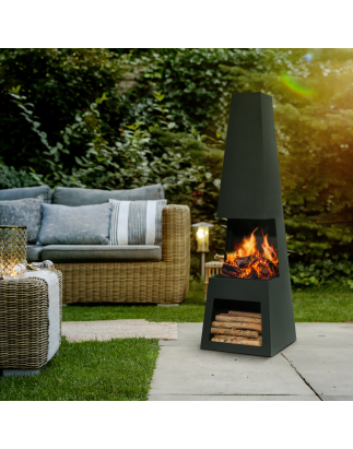 Dellonda Outdoor Chiminea Fireplace Fire Pit Heater Firewood Storage Black Steel