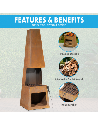 Dellonda Outdoor Chiminea Fireplace Heater Firewood Storage - Corten Steel