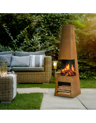 Dellonda Cheminée d'extérieur avec cheminée et rangement du bois de chauffage – Acier Corten