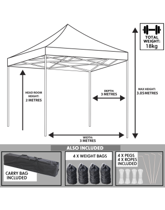 Dellonda Premium 3 x 3m Pop-Up Gazebo, PVC Coated, Water Resistant Fabric, Supplied with Carry Bag, Rope, Stakes & Weight Bags -