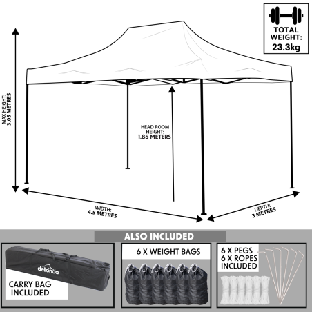 Dellonda Premium 3 x 4.5m Pop-Up Gazebo, Heavy Duty, PVC Coated, Water Resistant Fabric, Supplied with Carry Bag, Rope, Stakes &