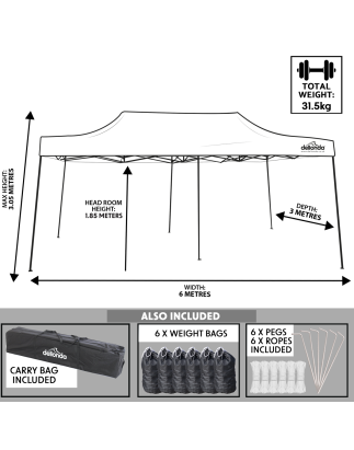 Dellonda Premium 3x6m Pop-Up Gazebo, Heavy Duty, PVC Coated, Water Resistant Fabric Supplied with Carry Bag, Rope, Stakes & Weig