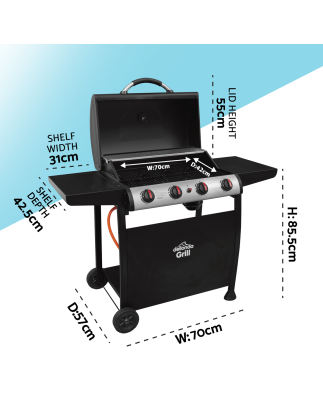 Dellonda 4 Burner Gas BBQ Grill, Ignition, Thermometer, Black/Stainless Steel