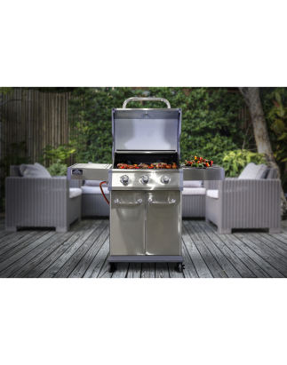 Dellonda 3 Burner Deluxe Gas BBQ Grill with Piezo Ignition & Wheels - Stainless Steel