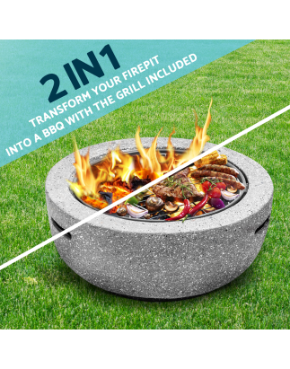 Brasero rond MgO Dellonda avec grille barbecue, Ø60 cm, grillage de sécurité - Gris clair