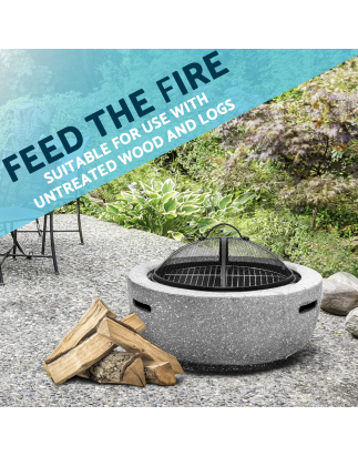 Dellonda Round MgO Fire Pit with BBQ Grill, Ø60cm, Safety Mesh Screen - Light Grey