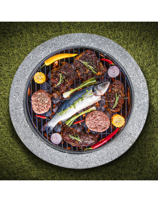 Brasero rond MgO Dellonda avec grille barbecue, Ø60 cm, grillage de sécurité - Gris clair