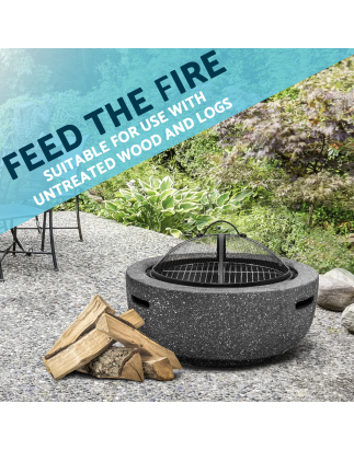 Dellonda Round MgO Fire Pit with BBQ Grill, Ø60cm, Safety Mesh Screen - Dark Grey