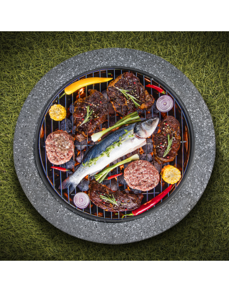 Foyer rond MgO Dellonda avec grille barbecue, Ø60 cm, grillage de sécurité - Gris foncé