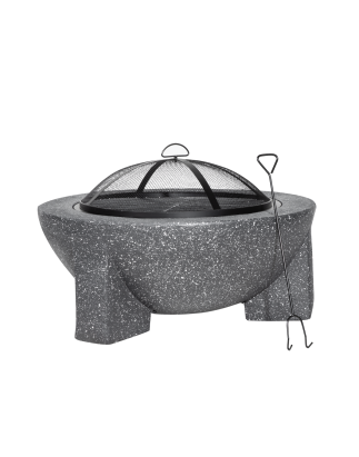 Dellonda Round MgO Fire Pit with BBQ Grill, Ø75cm, Safety Mesh Screen - Dark Grey