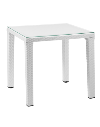 Table à manger résistante aux intempéries, plateau en verre 80x80cm blanc