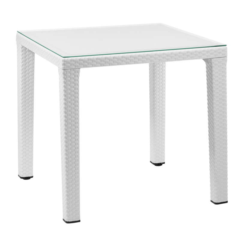 Table à manger résistante aux intempéries, plateau en verre 80x80cm blanc