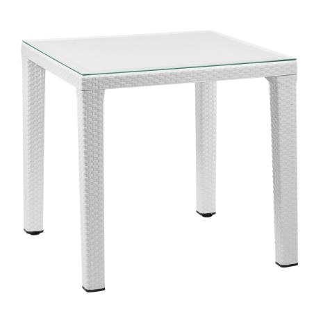 Table à manger résistante aux intempéries, plateau en verre 80x80cm blanc