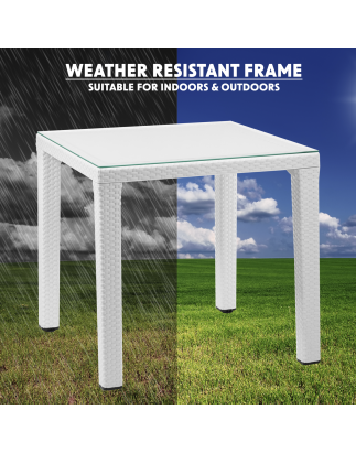 Table à manger résistante aux intempéries, plateau en verre 80x80cm blanc