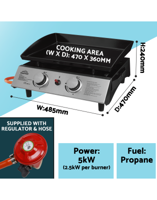 Dellonda 2 Burner Portable Gas Plancha 5kW BBQ Griddle, Stainless Steel