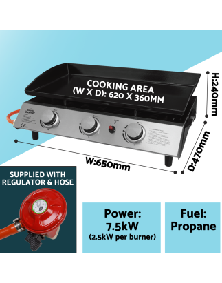 Dellonda 3 Burner Portable Gas Plancha 7.5kW BBQ Griddle, Stainless Steel